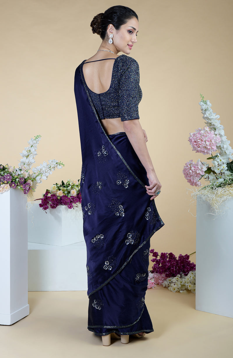 Midnight Blue bead and Sequin Hand Embroidered Saree