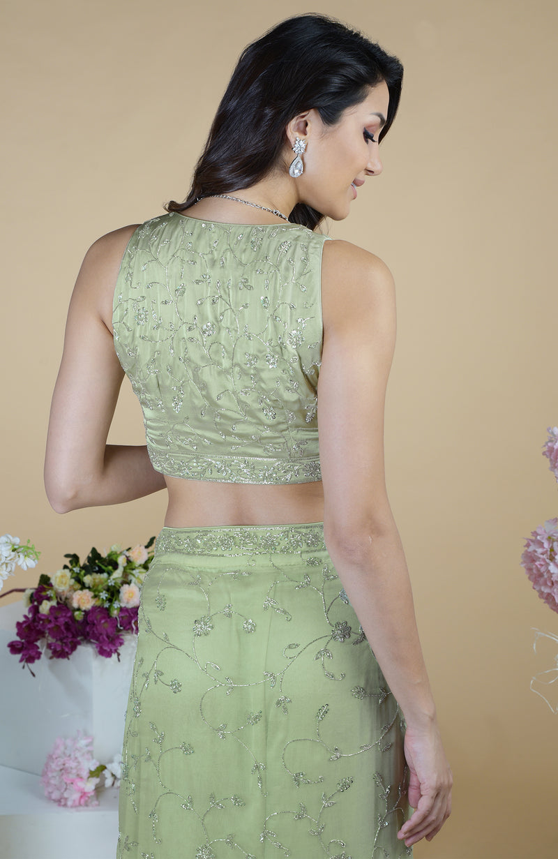 Pastel Mint Silver Beads & Sequin Zardozi Hand Embroidered Saree