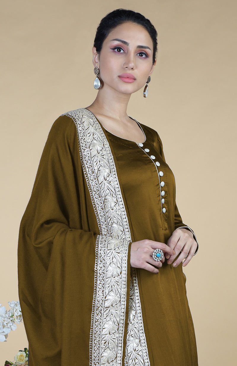 Burnt Olive Kashmiri Tilla Embroidered Dupatta With Suit