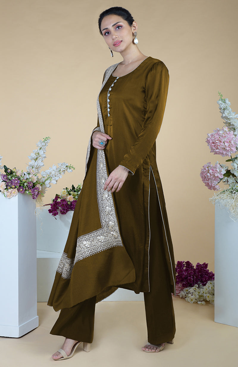 Burnt Olive Kashmiri Tilla Embroidered Dupatta With Suit
