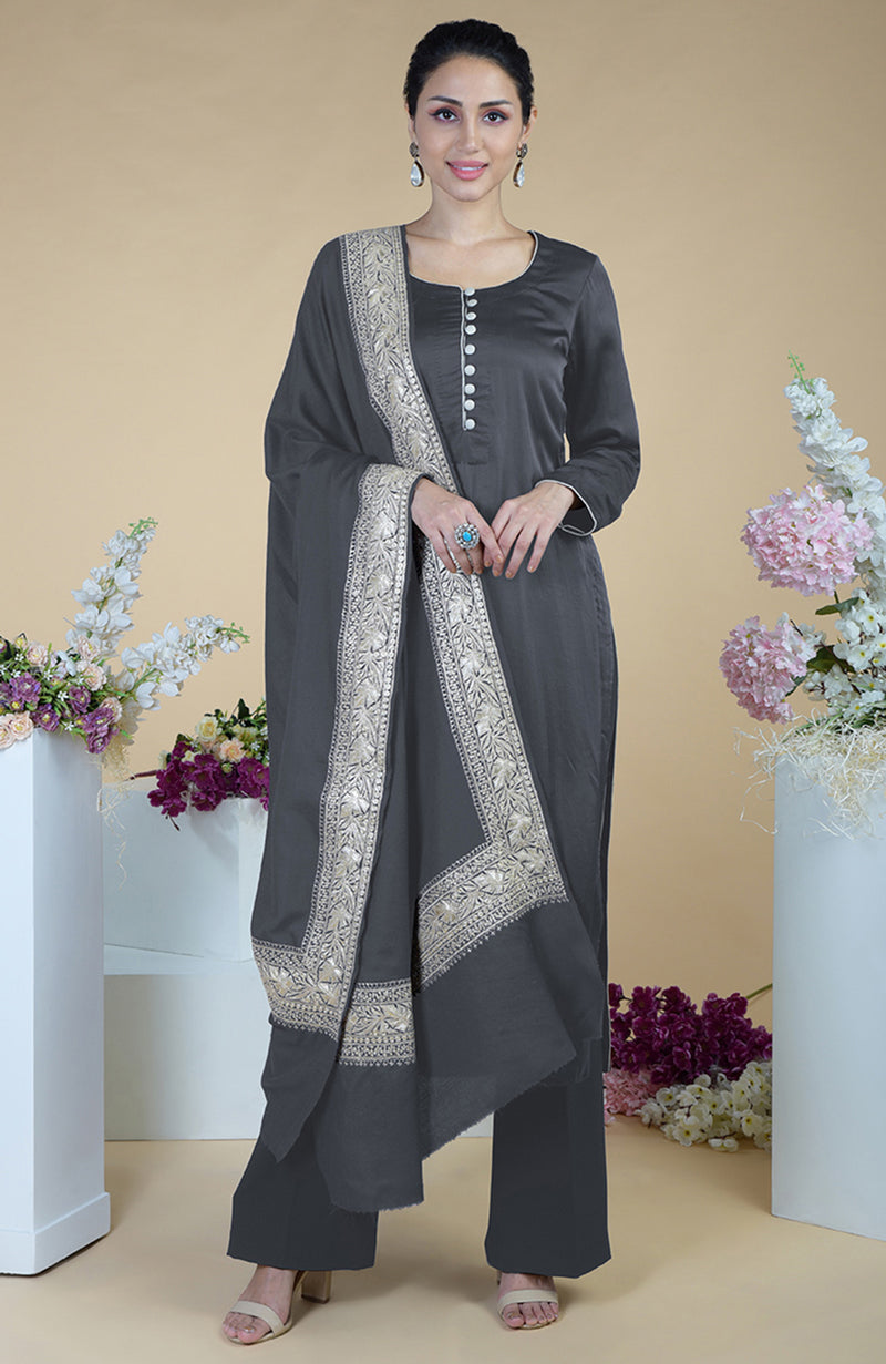 Teal Kashmiri Tilla Embroidered Pure Silk Dupatta Suit