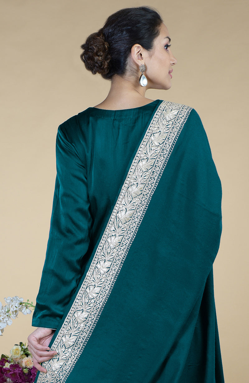 Teal Kashmiri Tilla Embroidered Pure Silk Dupatta Suit