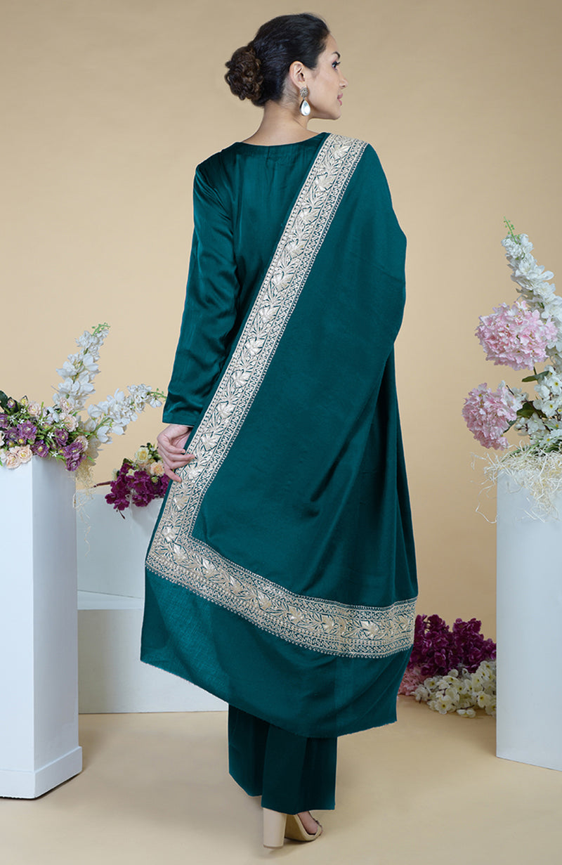 Teal Kashmiri Tilla Embroidered Pure Silk Dupatta Suit