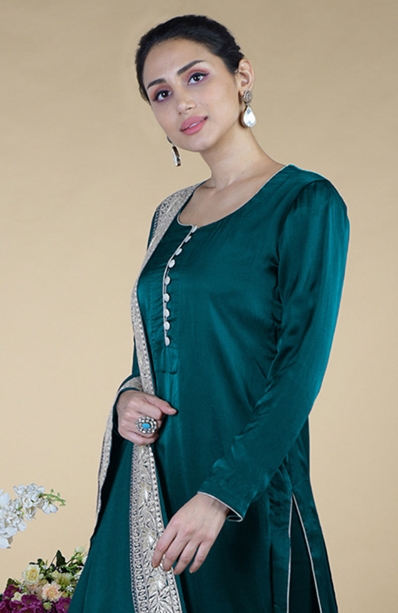 Teal Kashmiri Tilla Embroidered Pure Silk Dupatta Suit