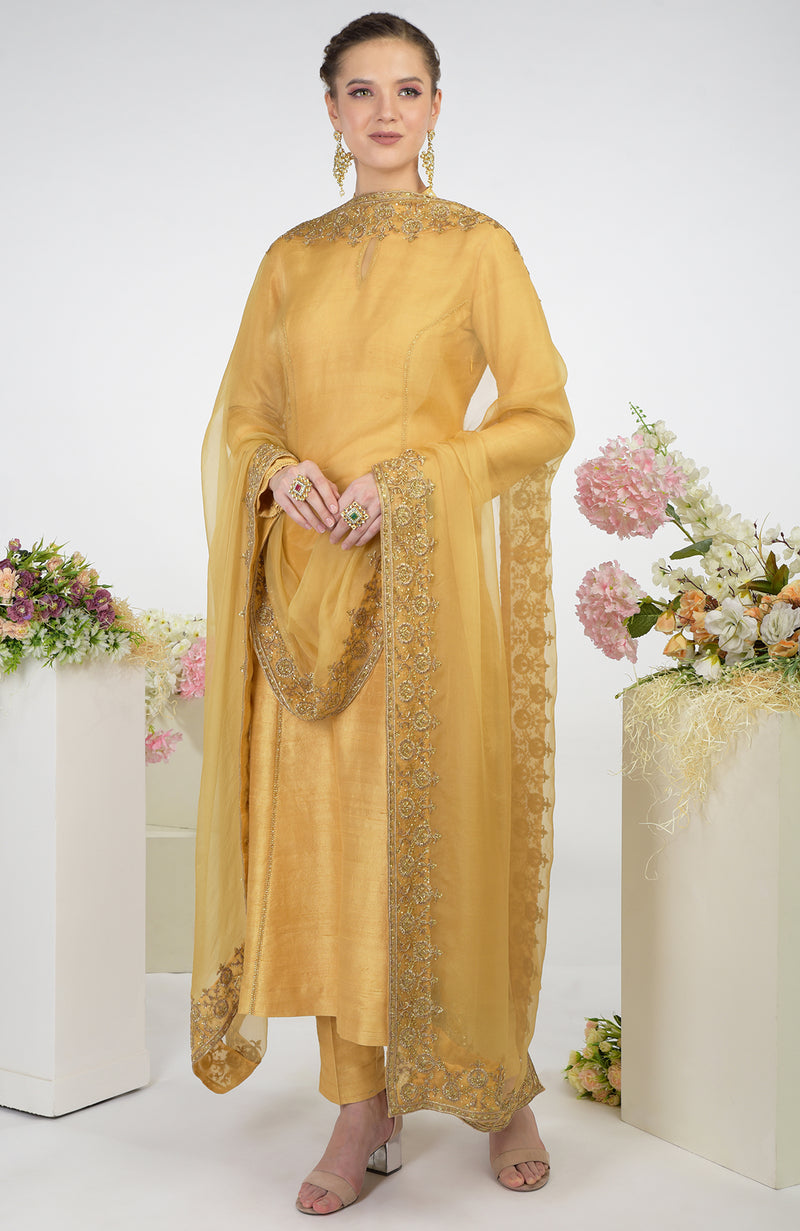 Gold Zardozi Hand Embroidered Organza Dupatta