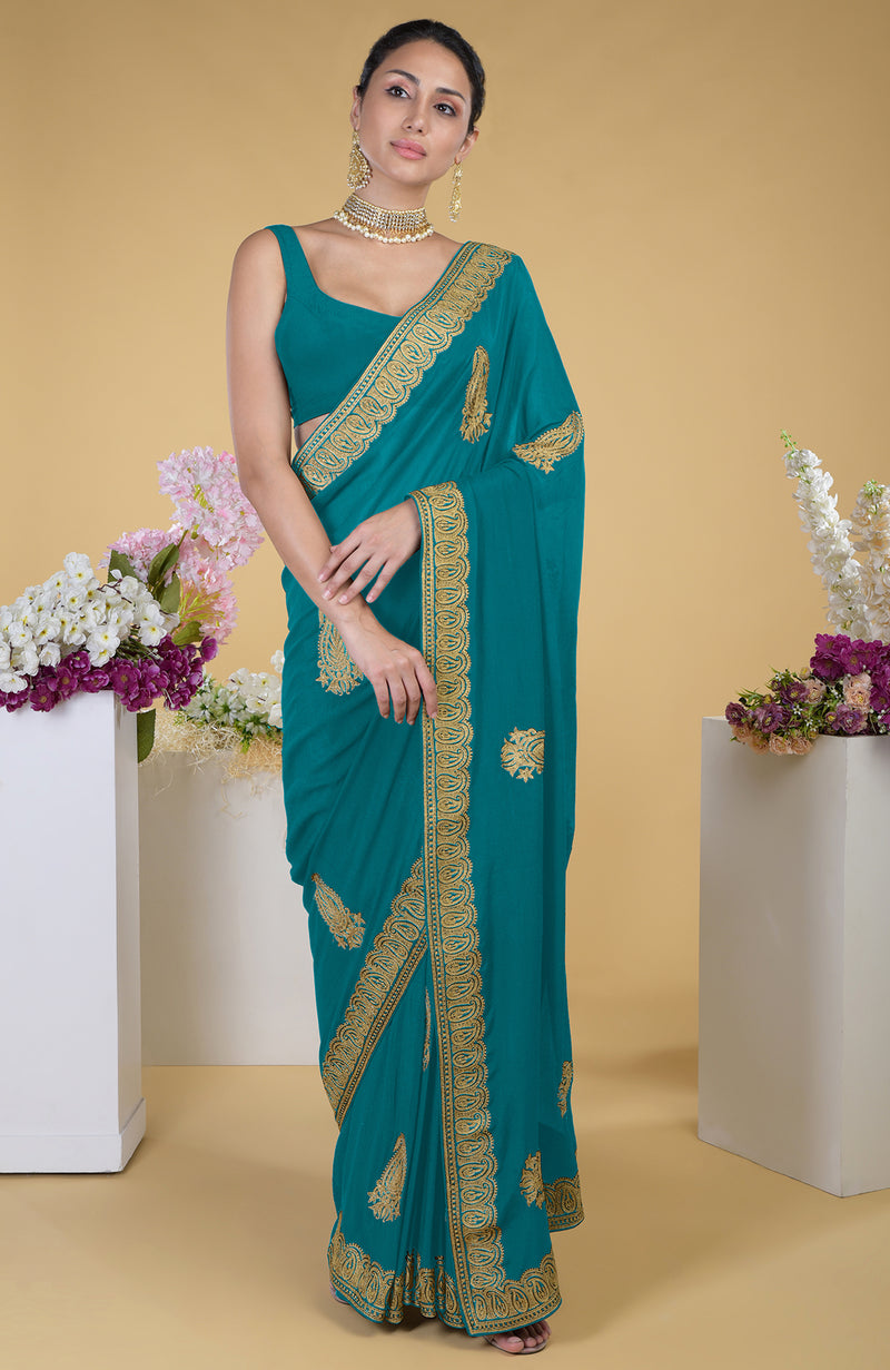 Black-Gold Kashmiri Tilla Aari Embroidered Saree