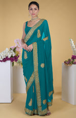 Peacock Blue-Gold Kashmiri Tilla Aari Embroidered Saree