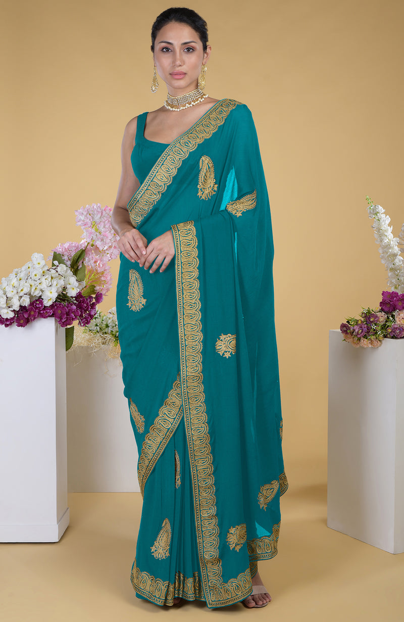 Peacock Blue-Gold Kashmiri Tilla Aari Embroidered Saree