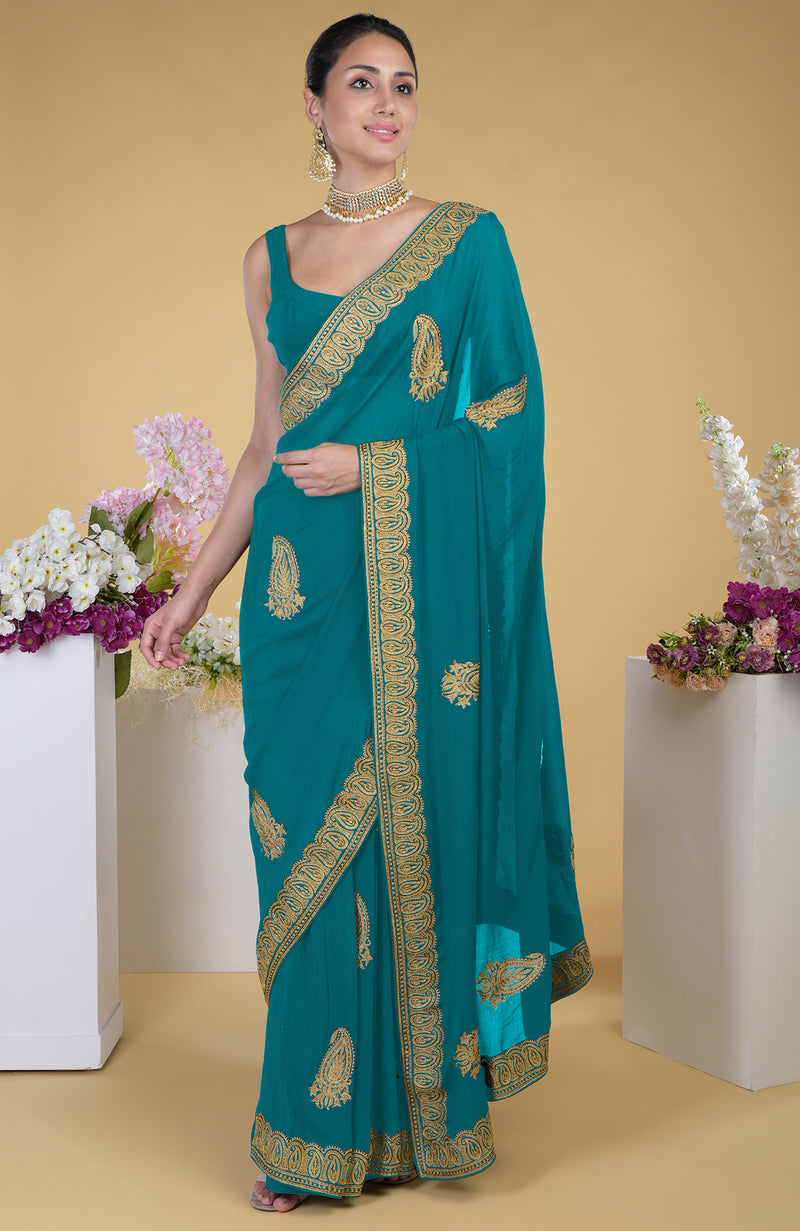 Pewter-Gold Kashmiri Tilla Aari Embroidered Saree