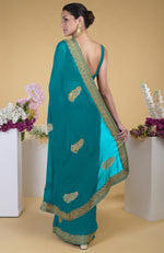 Peacock Blue-Gold Kashmiri Tilla Aari Embroidered Saree