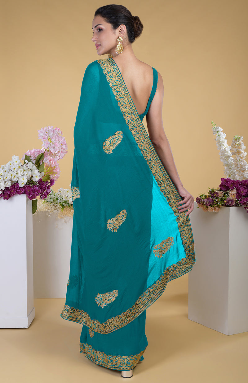 Peacock Blue-Gold Kashmiri Tilla Aari Embroidered Saree