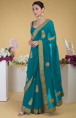 Peacock Blue-Gold Kashmiri Tilla Aari Embroidered Saree