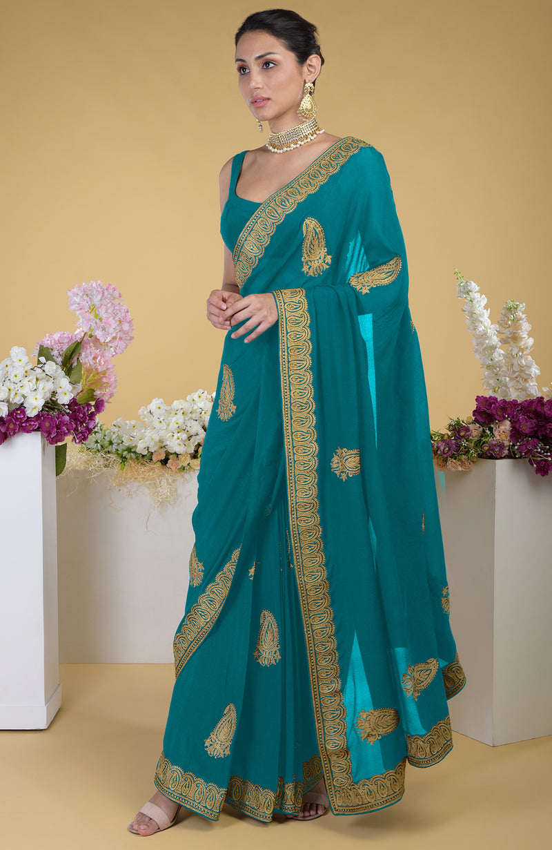 Peacock Blue-Gold Kashmiri Tilla Aari Embroidered Saree