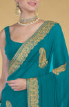 Peacock Blue-Gold Kashmiri Tilla Aari Embroidered Saree