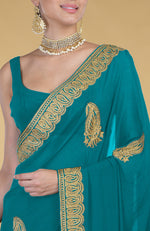 Peacock Blue-Gold Kashmiri Tilla Aari Embroidered Saree