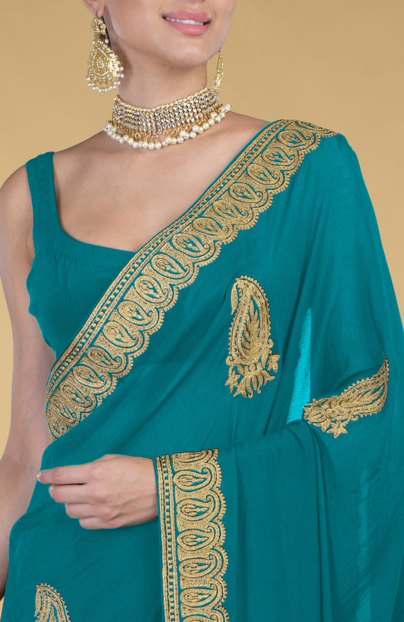 Peacock Blue-Gold Kashmiri Tilla Aari Embroidered Saree