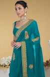 Peacock Blue-Gold Kashmiri Tilla Aari Embroidered Saree
