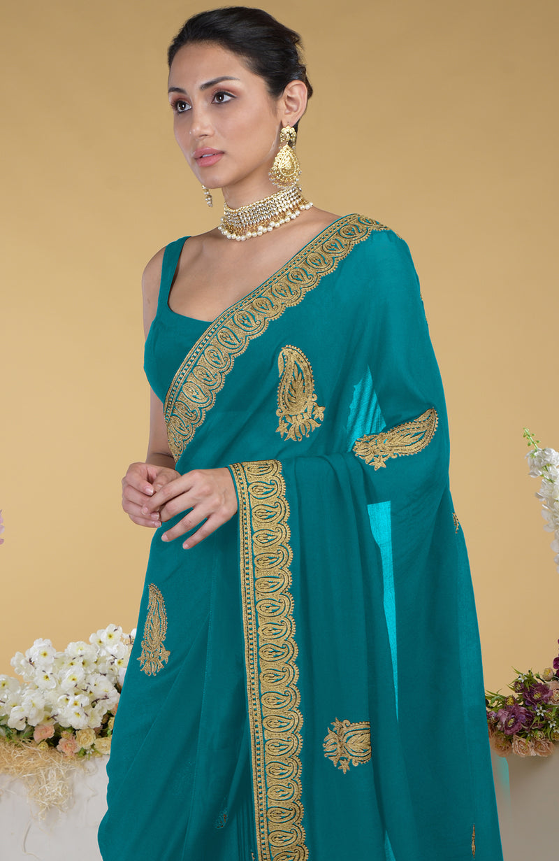Peacock Blue-Gold Kashmiri Tilla Aari Embroidered Saree