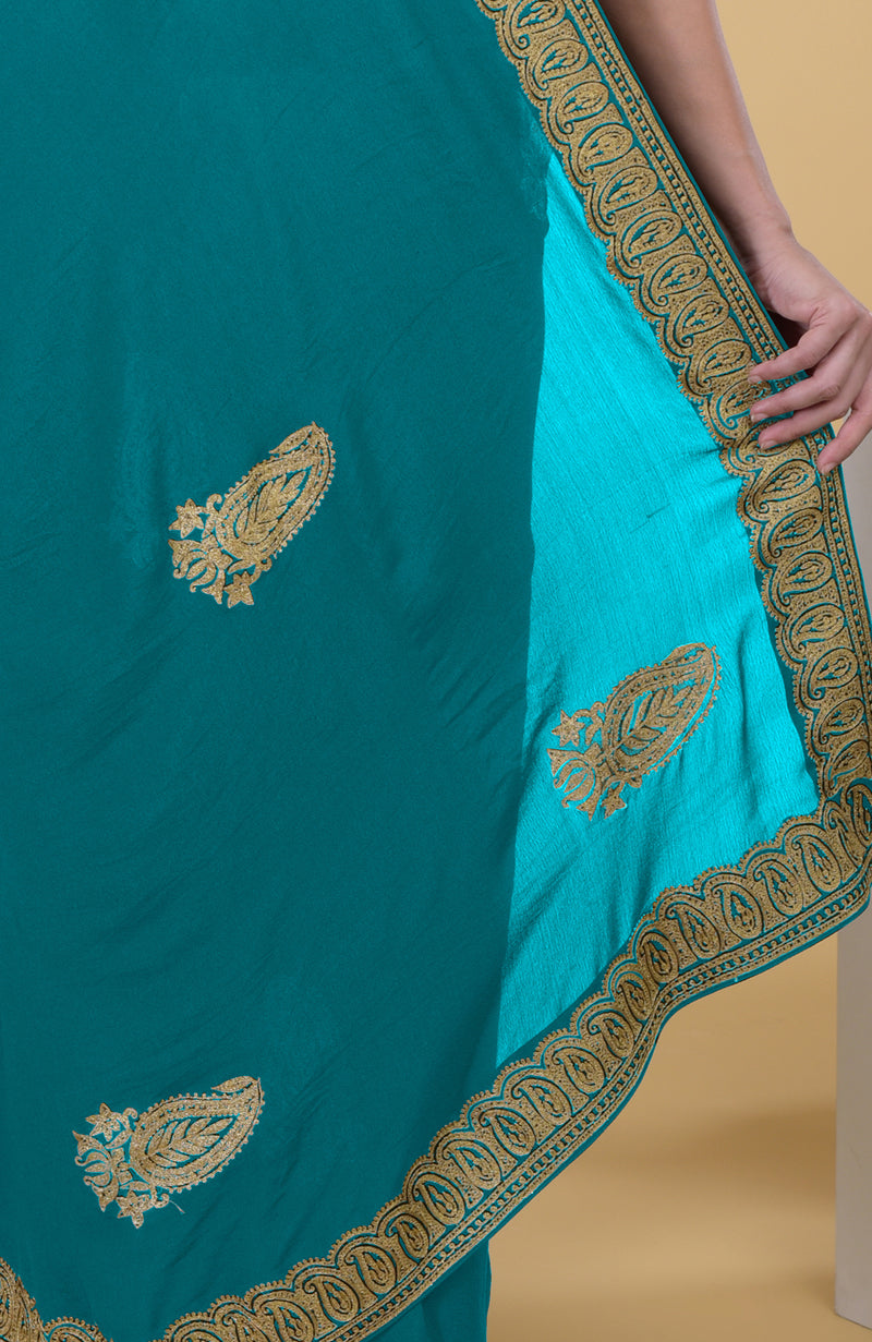 Peacock Blue-Gold Kashmiri Tilla Aari Embroidered Saree