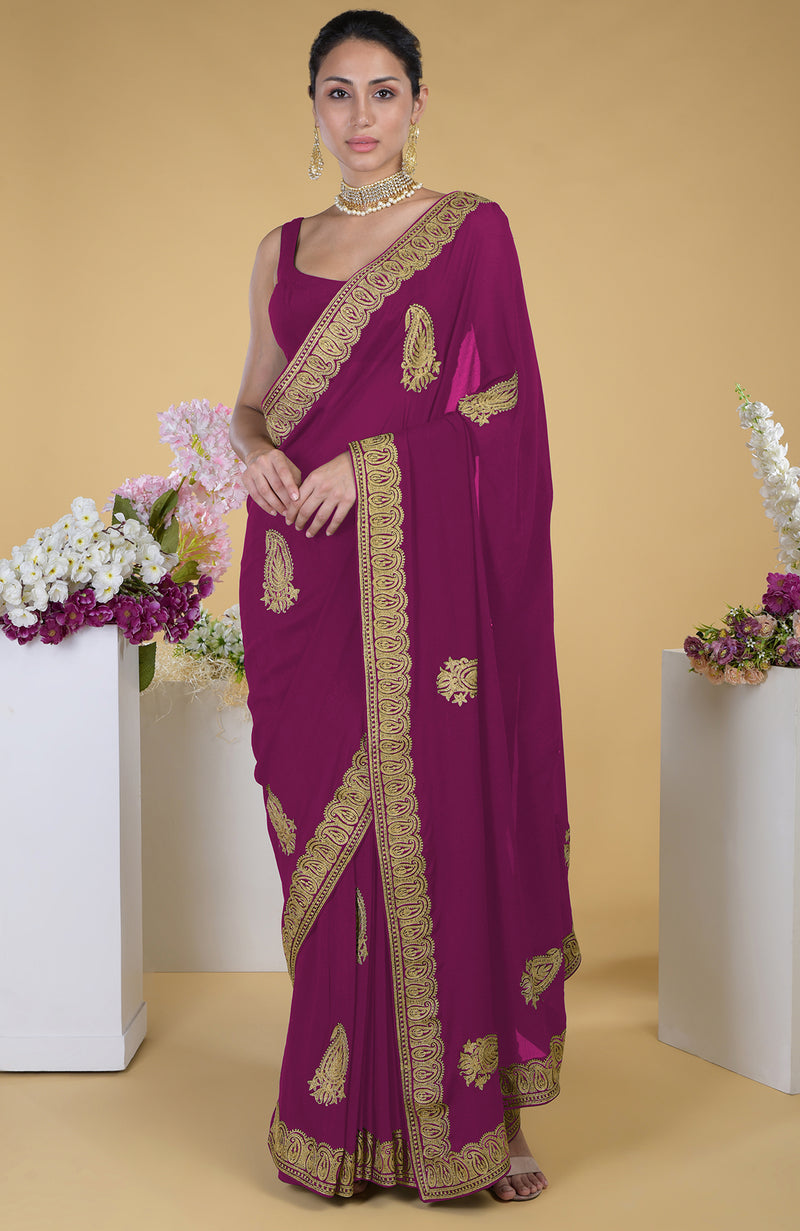Black-Gold Kashmiri Tilla Aari Embroidered Saree