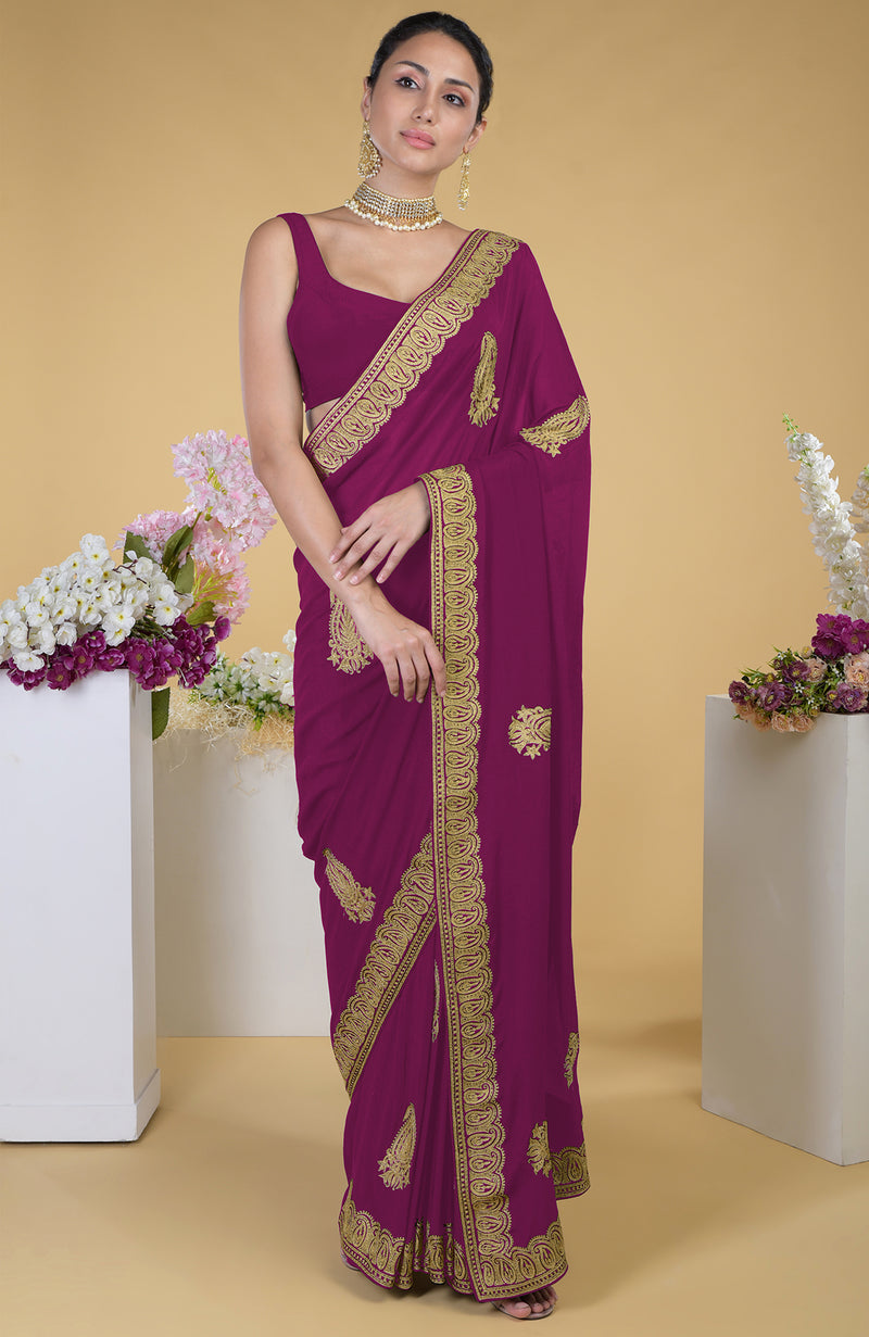 Pewter-Gold Kashmiri Tilla Aari Embroidered Saree