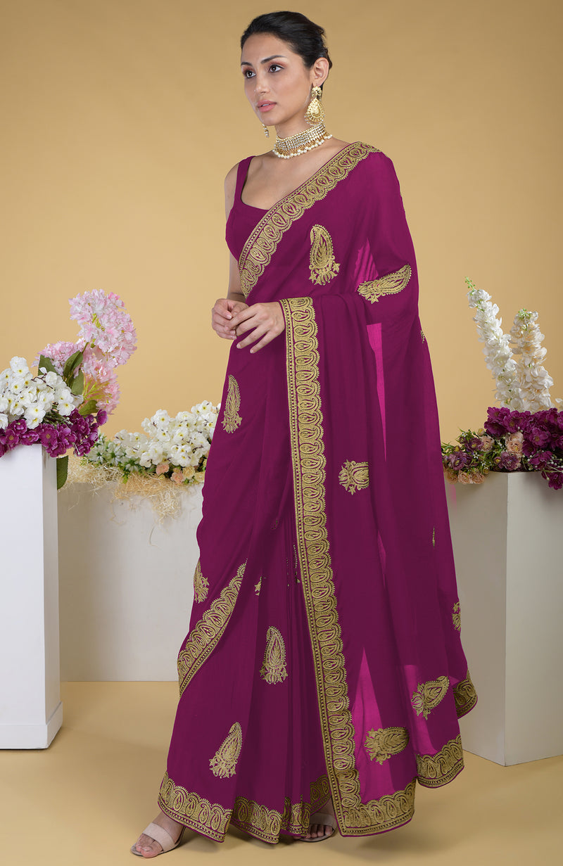 Peacock Blue-Gold Kashmiri Tilla Aari Embroidered Saree
