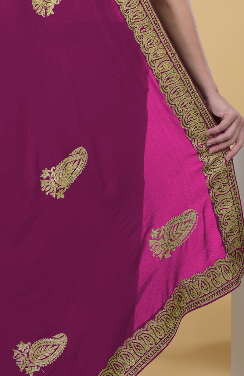 Peacock Pink-Gold Kashmiri Tilla Aari Embroidered Saree