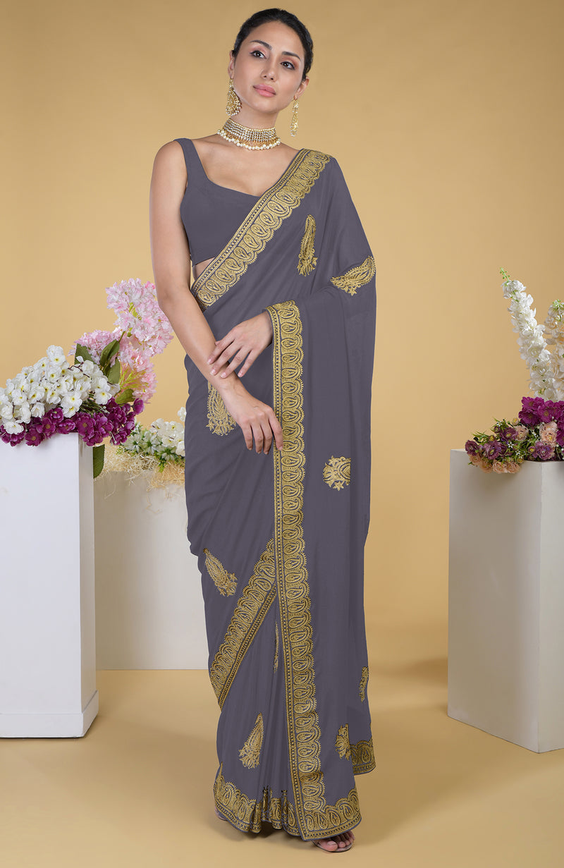 Black-Gold Kashmiri Tilla Aari Embroidered Saree