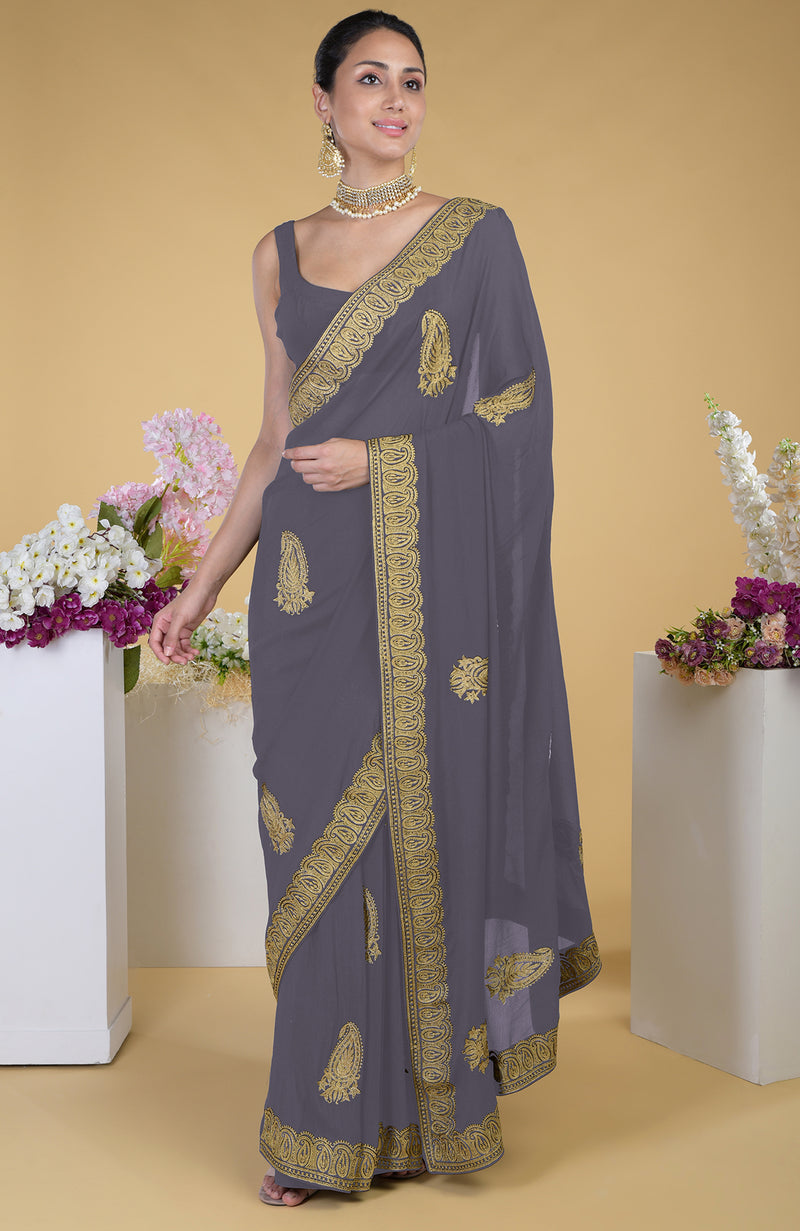 Pewter-Gold Kashmiri Tilla Aari Embroidered Saree
