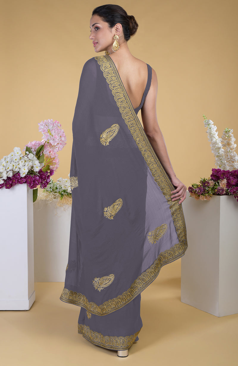 Pewter-Gold Kashmiri Tilla Aari Embroidered Saree