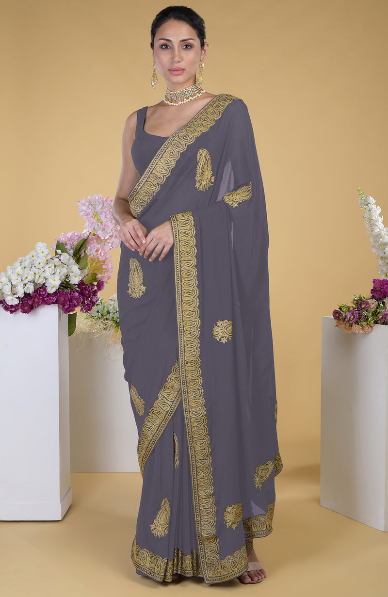 Pewter-Gold Kashmiri Tilla Aari Embroidered Saree