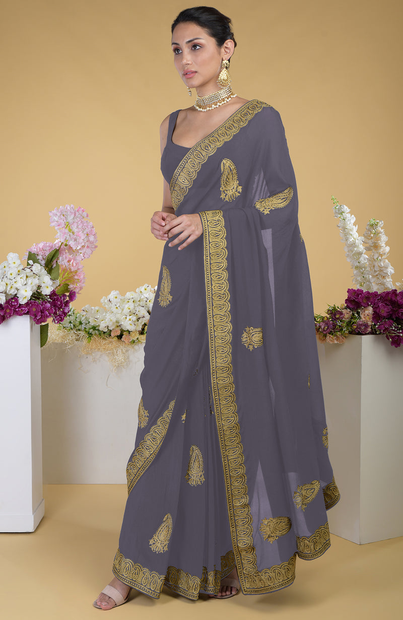 Pewter-Gold Kashmiri Tilla Aari Embroidered Saree