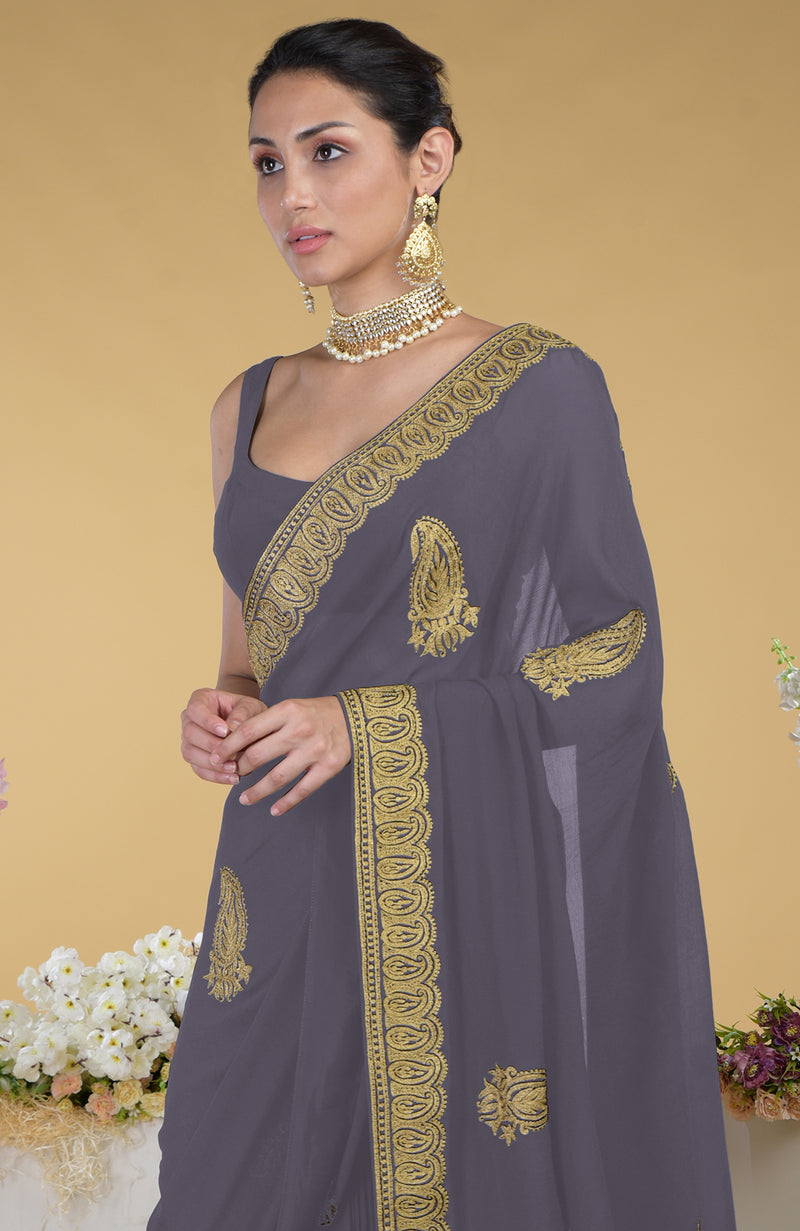 Pewter-Gold Kashmiri Tilla Aari Embroidered Saree