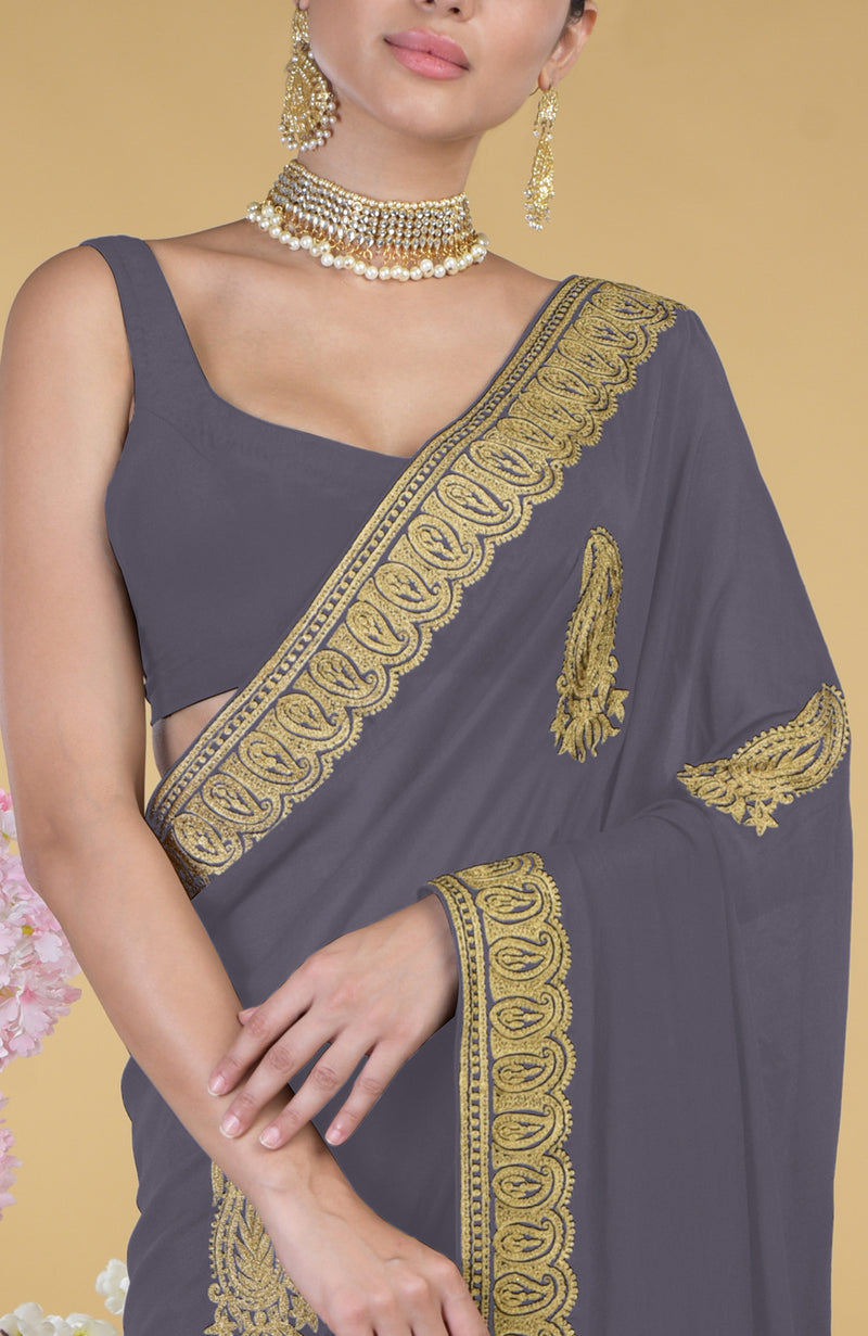 Pewter-Gold Kashmiri Tilla Aari Embroidered Saree
