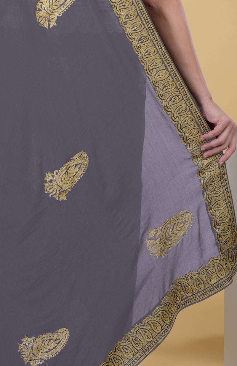 Pewter-Gold Kashmiri Tilla Aari Embroidered Saree