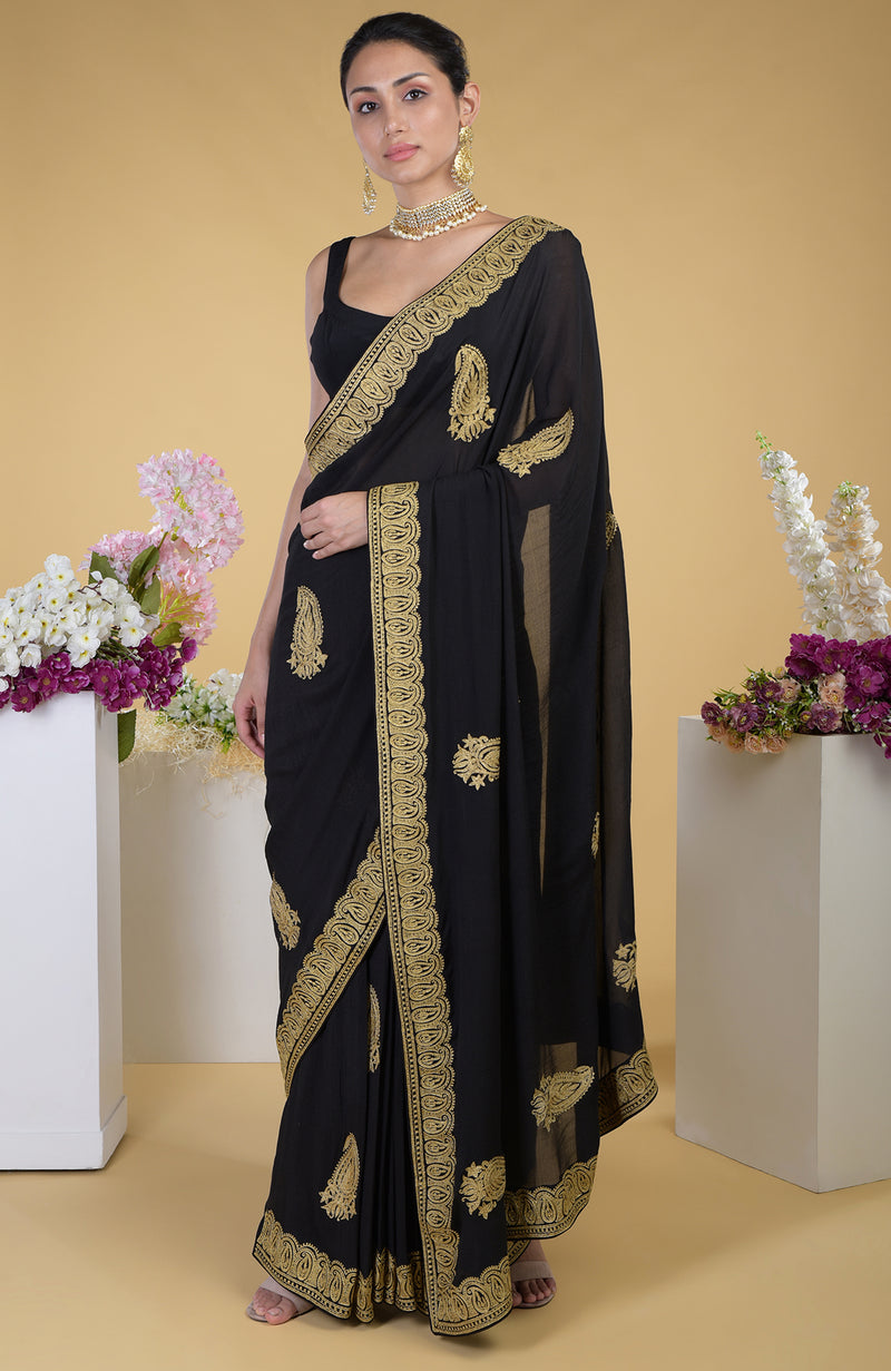 Black-Gold Kashmiri Tilla Aari Embroidered Saree