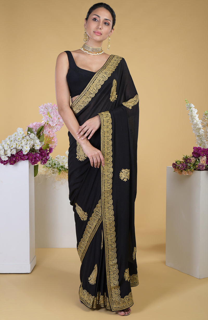 Black-Gold Kashmiri Tilla Aari Embroidered Saree