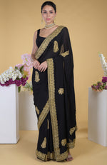 Black-Gold Kashmiri Tilla Aari Embroidered Saree