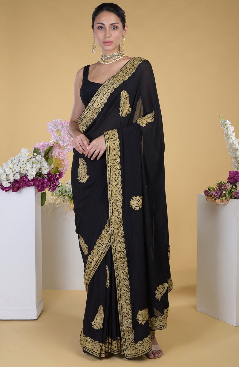 Black-Gold Kashmiri Tilla Aari Embroidered Saree