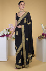 Black-Gold Kashmiri Tilla Aari Embroidered Saree