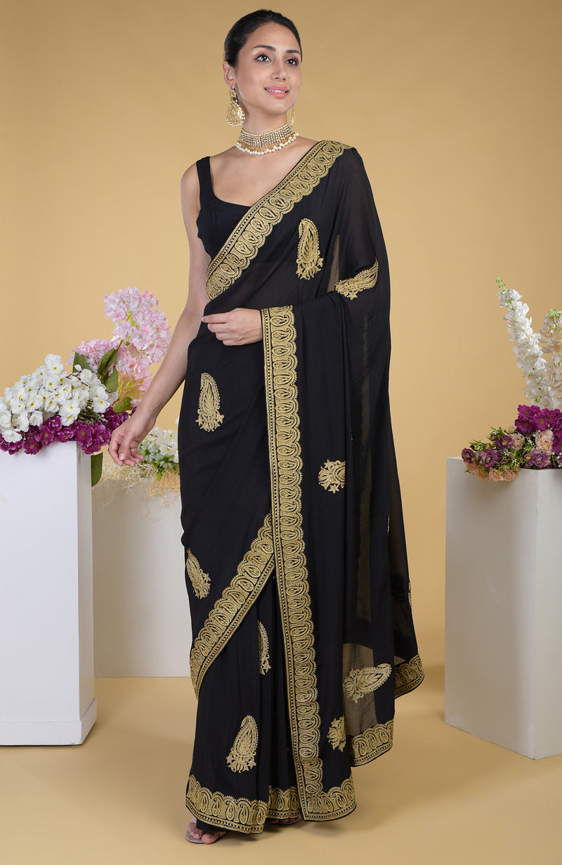 Black-Gold Kashmiri Tilla Aari Embroidered Saree
