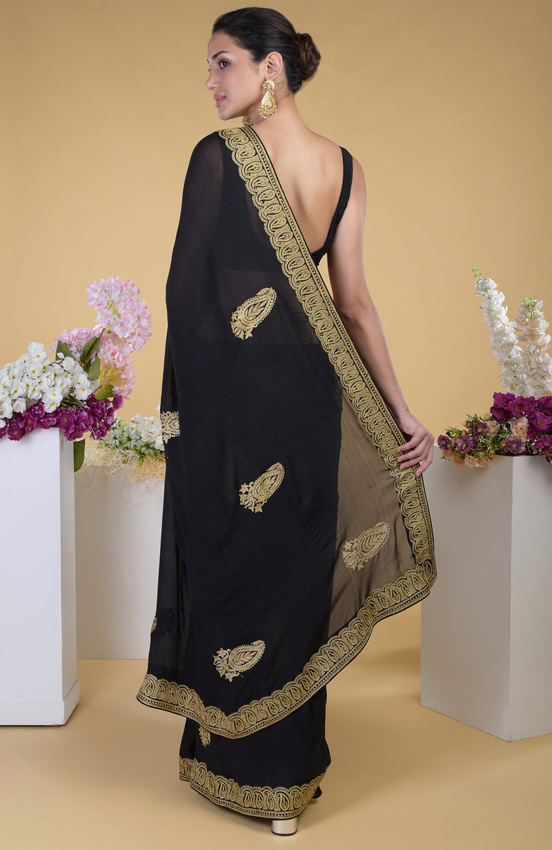Black-Gold Kashmiri Tilla Aari Embroidered Saree