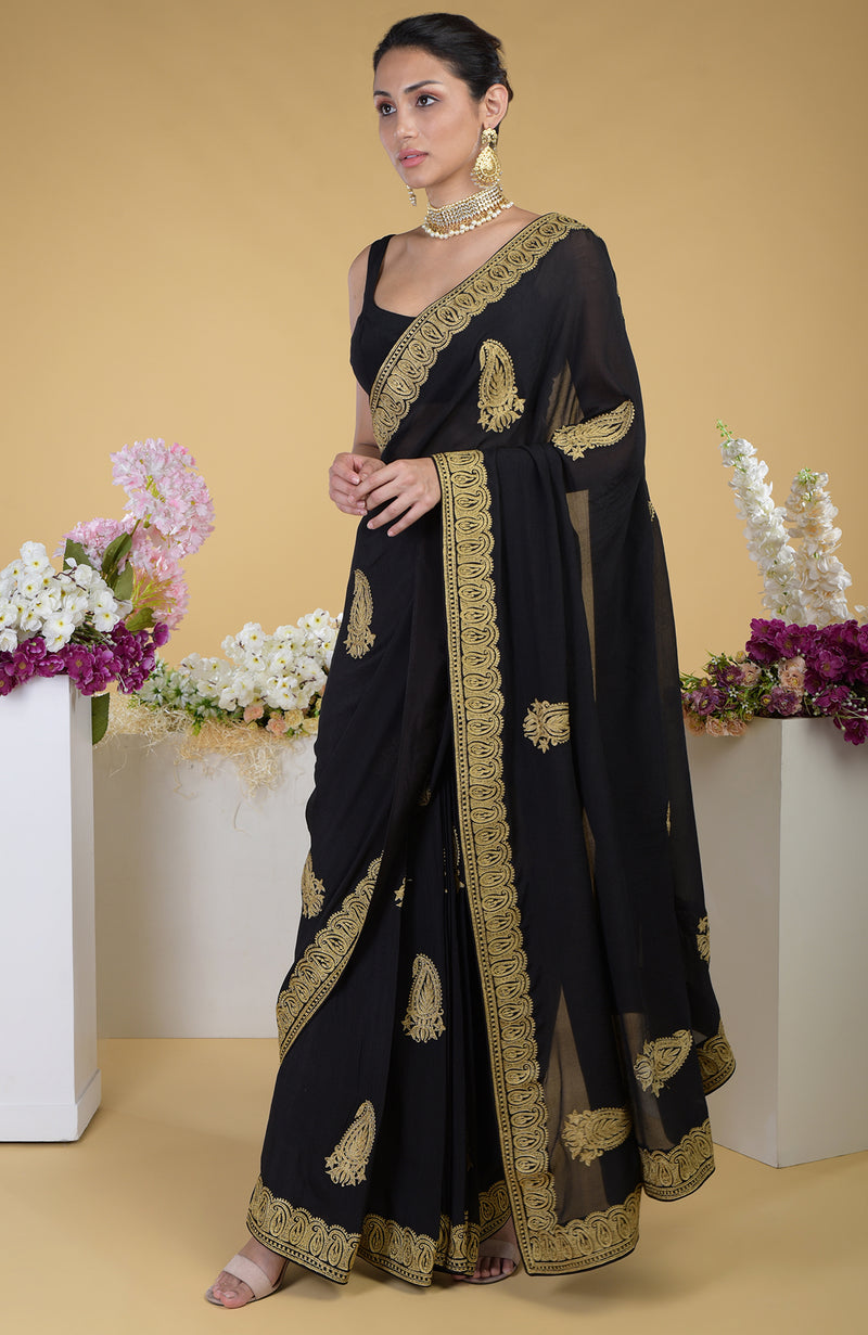 Black-Gold Kashmiri Tilla Aari Embroidered Saree