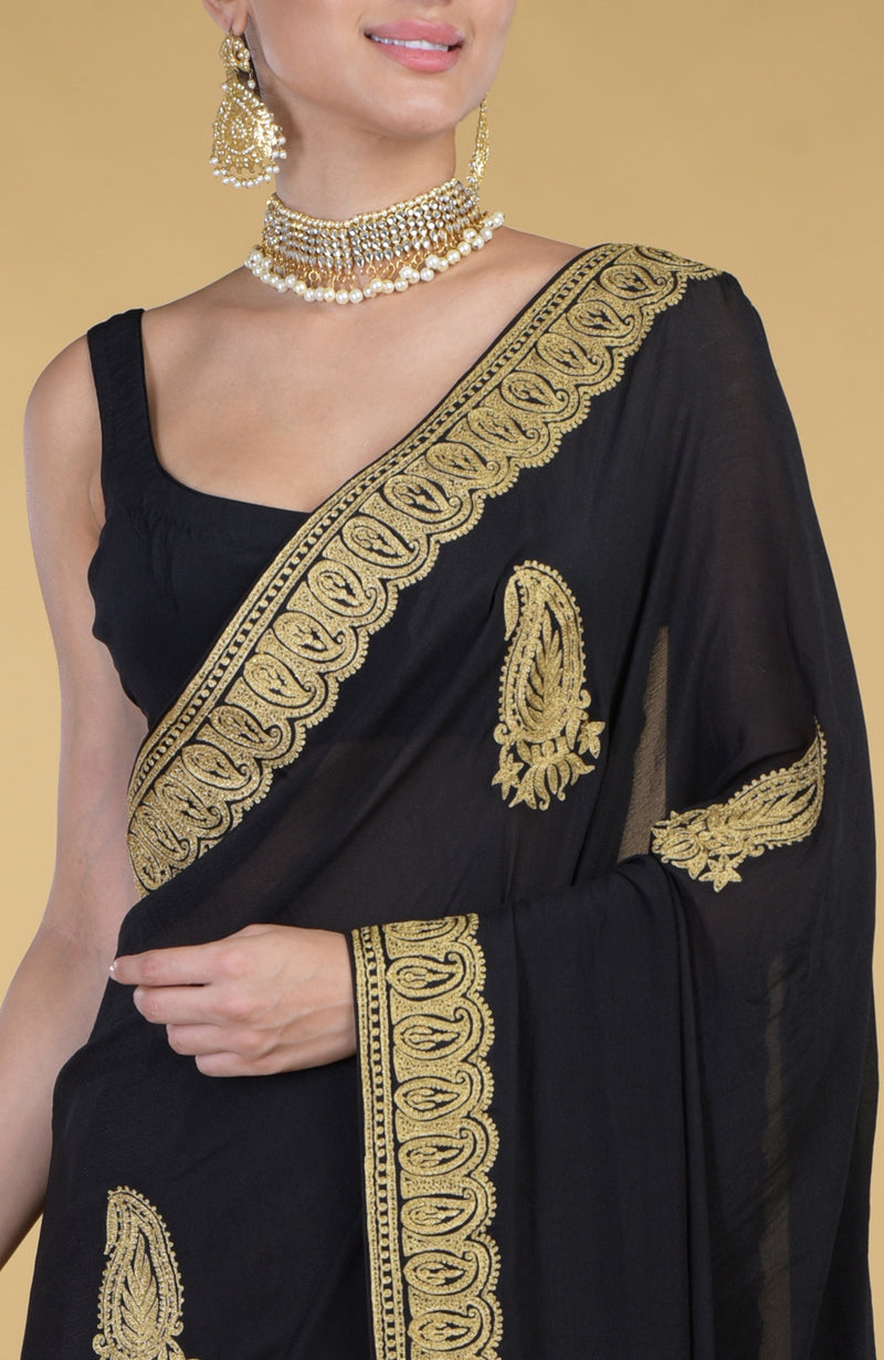 Black-Gold Kashmiri Tilla Aari Embroidered Saree