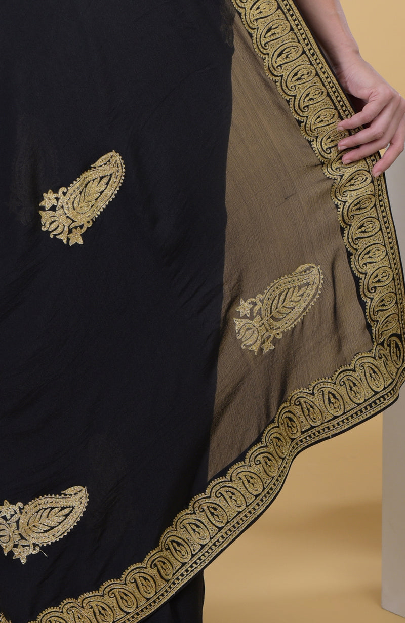 Black-Gold Kashmiri Tilla Aari Embroidered Saree