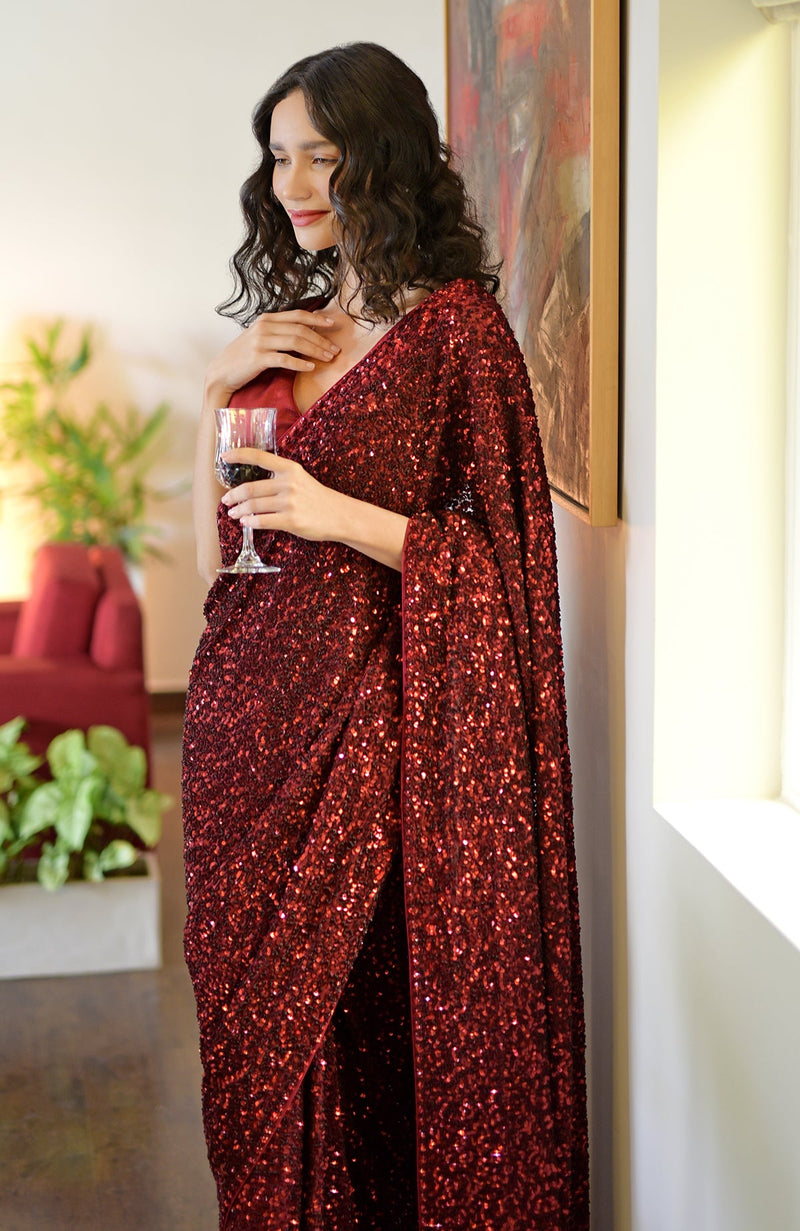 Red Dahlia Sequin Couture Hand Embroidered Saree