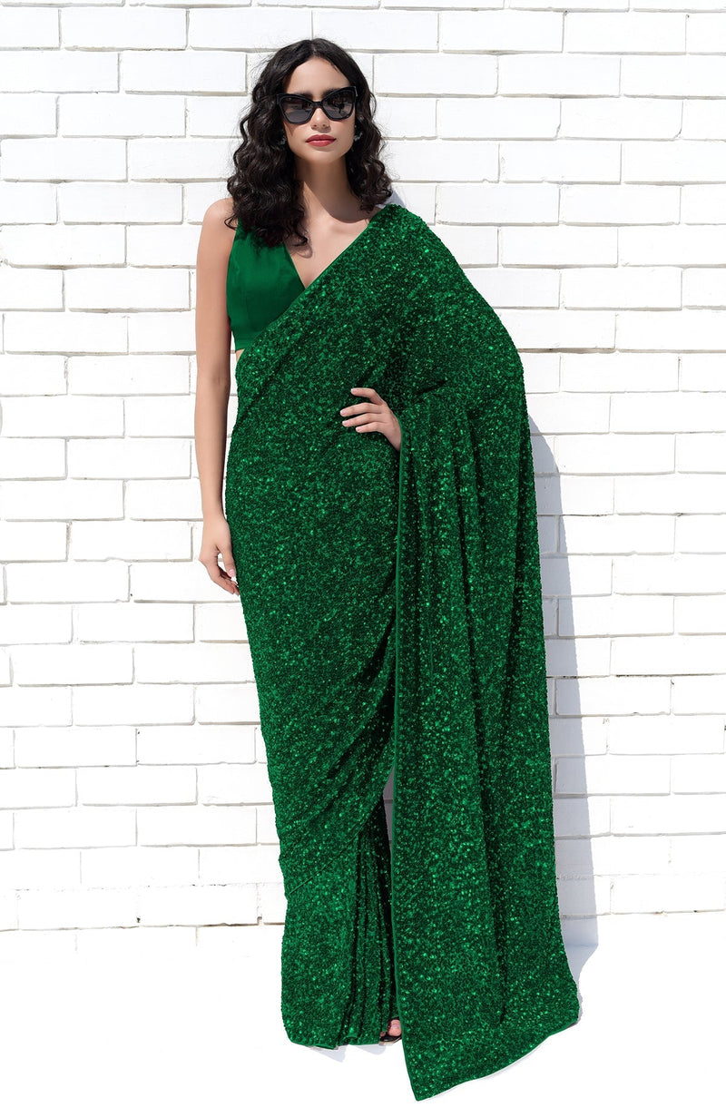Emerald Green Sequin Couture Hand Embroidered Saree