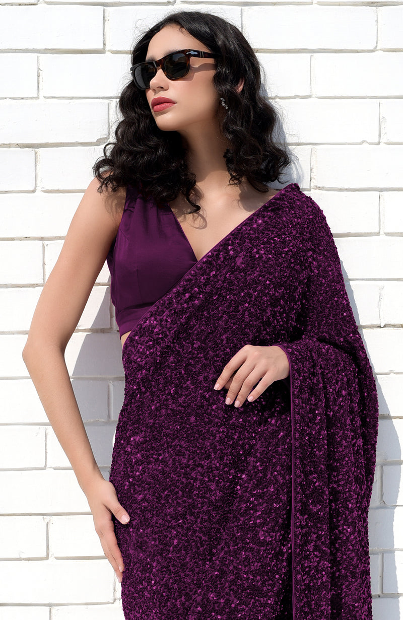 Purple Passion Sequin Couture Hand Embroidered Saree