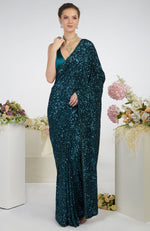 Sapphire Blue Dahlia Sequin Couture Hand Embroidered Saree
