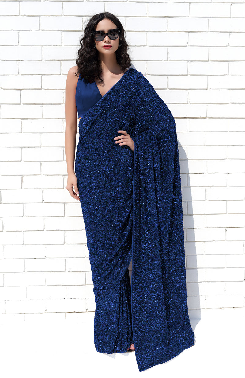 Sapphire Blue Dahlia Sequin Couture Hand Embroidered Saree
